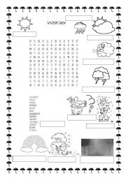 English Worksheet: Weather word find and write the words under the images