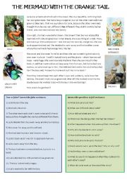 English Worksheet: The mermaid with the orange tail. 