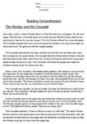 English Worksheet: Reading Comprehension Fable (The Monkey and The Crocodile) 
