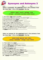 English Worksheet: Synonyms vs Antonyms 3