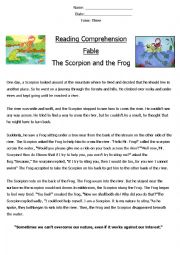 English Worksheet: Reading Comprehension Fable (The Scorpion and the Frog) 