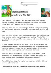 Reading Comprehension Fable (The Shepherd and The Wolf) 