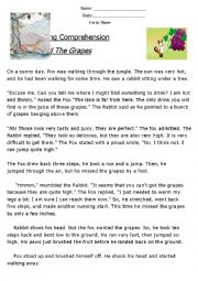 English Worksheet: Reading Comprehension �Fable� (The Fox and The Grapes) 