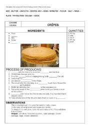 English Worksheet: CREPES RECIPE TO FILL IN with key. COUSINE COURSE