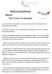 English Worksheet: Reading Comprehension Recount (First Time on an Aeroplane) 