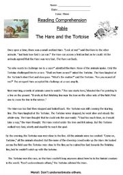 English Worksheet: Reading Comprehension Fable (The Hare and The Tortoise) 