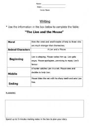 Writing Worksheet - Fable The Lion and the Mouse