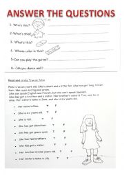 English Worksheet: Worksheet to review has got, can, to be (+reading)