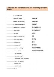 English Worksheet: Question words practice: when, where, how or do, are, is?