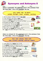 English Worksheet: Synonyms vs Antonyms 8