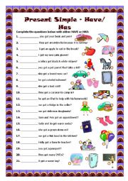 English Worksheet: Has & Have questions???