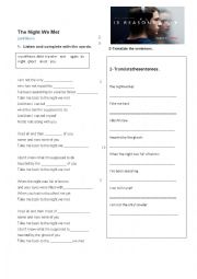 English Worksheet: the night we met.( 13 reasons why )