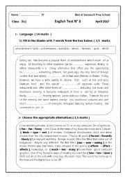 English Worksheet: Enlish Test N2   ( 9th Form )