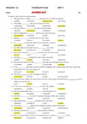 English Worksheet: Influence 12 Unit 9 Vocabulary Quiz