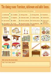 English Worksheet: The dining room: Furniture, tableware and table linens.