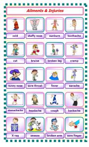 English Worksheet: Ailments & Injuries Pictionary