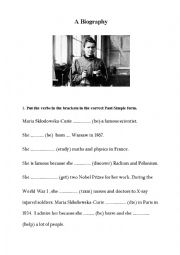 English Worksheet: Maria Skłodowska-Curie - a biographical note.