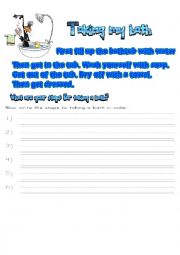 English Worksheet: Taking a bath. Reading and comprehension. Includes word sort. Work sheet package.