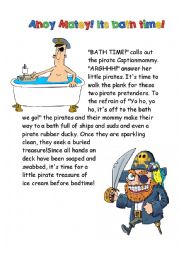 English Worksheet: Taking a pirate bath. Reading and comprehension. Includes word sort. Part 2 Work sheet package.