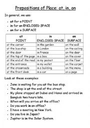Prepositions of Place: at, in, on