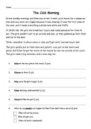 English Worksheet: The Cold Morning - Early Primary Reading Comprehension