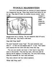 English Worksheet: Woolly Mammoths (disappeared species)