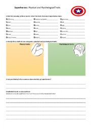 English Worksheet: Heroes: physical and psychological characteristics