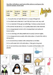 English Worksheet: ANIMALS MATCHING WITH PICTURES AND DEFINITIONS 