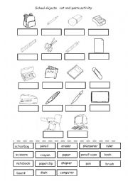 English Worksheet: School objects cut and paste activity