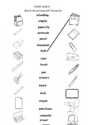 English Worksheet: School objects matching activity