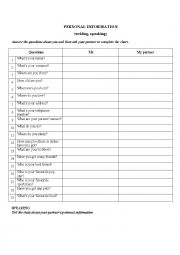 English Worksheet: PERSONAL INFORMATION Worksheet
