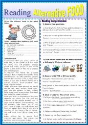 English Worksheet: English test ALTERNATIVE FOOD Reading Comprehension 