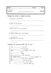 English Worksheet: Test: pronouns and verb to be
