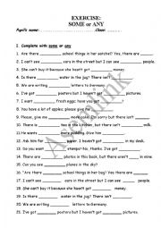 English Worksheet: EXERCISE ABOUT SOME AND ANY