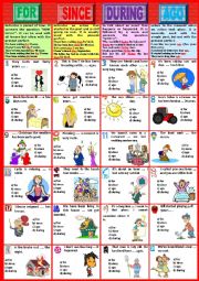 English Worksheet: FOR - SINCE - DURING - AGO. Pictionary + Exercises + KEY