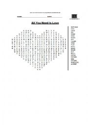 English Worksheet: Wordsearch Puzzle. All you need is love. By The Beatles