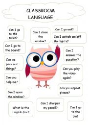 Owls designed English Classroom for students worksheet  2/2