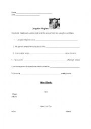 English Worksheet: Langston Hughes WH Questions 