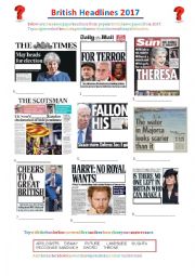 English Worksheet: British Newspaper Headlines 2017