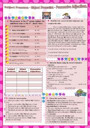 English Worksheet: Subject Pronouns - Object Pronouns - Possessive Adjectives.