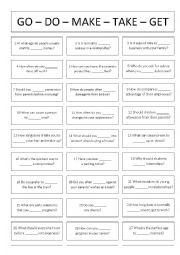 English Worksheet: Collocations with GO, DO, MAKE, TAKE, GET