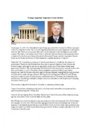 English Worksheet: Trump Appoints Supreme Court Justice Comprehension Reading