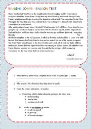 English Worksheet: Reading Comprehension Test on Bullying