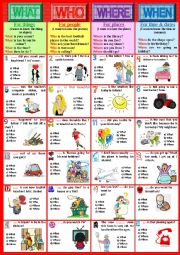 English Worksheet: QUESTION WORDS. Rules + exercises. Part 1. WHAT WHO WHERE WHEN