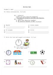 English Worksheet: Written test_Occupations, Numbers, Lets and school subjects