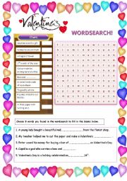 English Worksheet: Valentines Wordsearch