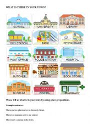 English Worksheet: What is there in your town? - There is / there are / Place prespositions Practising