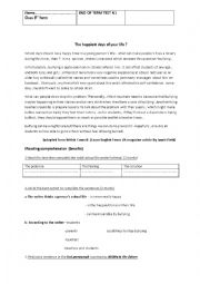 English Worksheet: 9th form End of term test n1 Reading