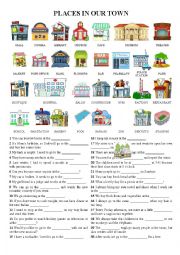 English Worksheet: Places in town - Pictionary + exercises (using the vocab and 