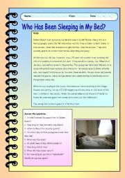 English Worksheet: Who Has Been Sleeping in My Bed? (Reading)